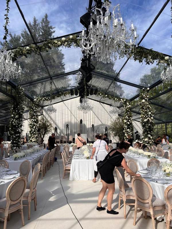 Crystal chandeliers under glass roof