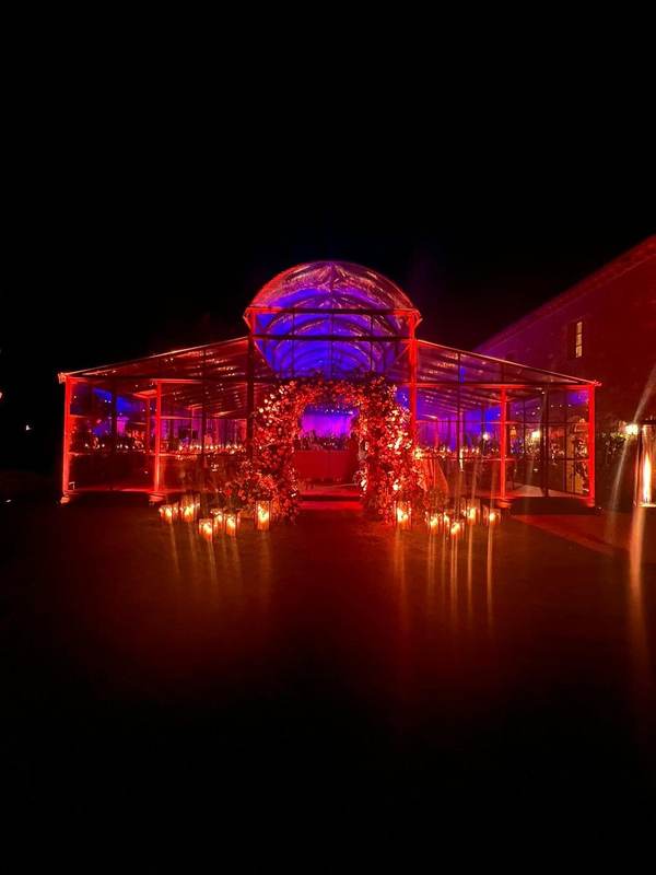 Greenhouse illuminated in red and purple